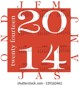a red calendar for 2014 featuring the initials of the months in the border