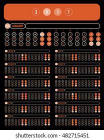 Red calendar 2017 year grid design isolated on black background in English     