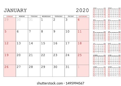 red Calendar 2020 vector basic grid. Simple design template. Vector illustration eps 10