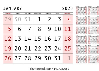 red Calendar 2020 vector basic grid. Simple design template. Vector illustration eps 10