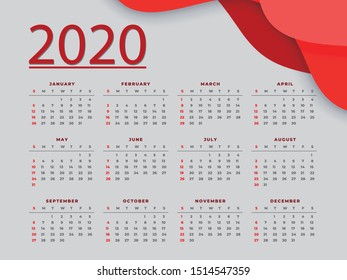 Red Calendar 2020 vector basic grid. Simple design template with paper cut background
