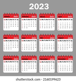 red calendar 2023. All months of 2023 on spiral. 2023 number design template. Vector illustration. stock image.