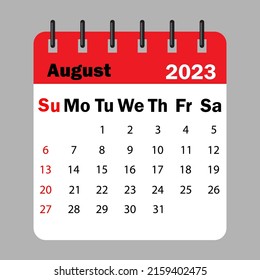 Red calendar august 2023 on a spiral. Calendar reminder 2023. Business plan schedule. Vector illustration. stock image.