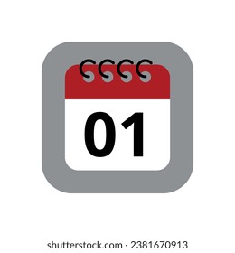 Icono plano del calendario rojo aislado en fondo gris. Calendario con un día marcado específico, ilustración vectorial del calendario de citas marcando el día 01.