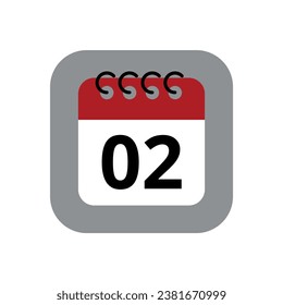 Red calendar flat icon isolated on gray background. Calendar with a specific day marked, vector illustration of appointment schedule marking day 02.