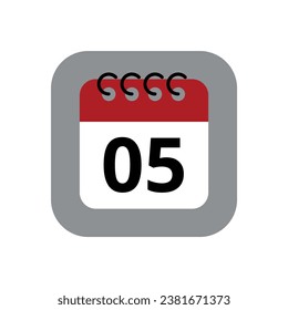 Icono plano del calendario rojo aislado en fondo gris. Calendario con un día marcado, ilustración vectorial del calendario de citas marcando el día 05.