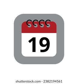 Rote Kalenderwohnung Symbol einzeln auf grauem Hintergrund. Kalender mit einem bestimmten Tag markiert, Vektorgrafik des Terminkalenders Markierung Tag 19.