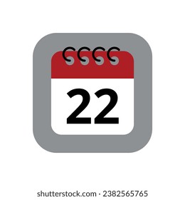 Rote Kalenderwohnung Symbol einzeln auf grauem Hintergrund. Kalender mit einem bestimmten Tag markiert, Vektorgrafik des Terminplans Markierung Tag 22.