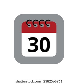 Red calendar flat icon isolated on gray background. Calendar with a specific day marked, vector illustration of appointment schedule marking day 30