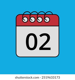 Red calendar flat icon isolated on blue background with specific day marked, day 02.