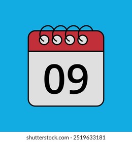 Icono plano de calendario rojo aislado sobre fondo azul con día específico marcado, día 09.
