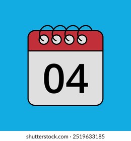 Red calendar flat icon isolated on blue background with specific day marked, day 04.