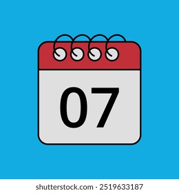 Red calendar flat icon isolated on blue background with specific day marked, day 07.
