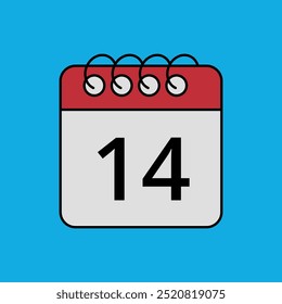 Icono plano de calendario rojo aislado sobre fondo azul con día específico marcado, día 14.