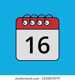 Red calendar flat icon isolated on blue background with specific day marked, day 16.