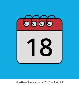 Red calendar flat icon isolated on blue background with specific day marked, day 18.