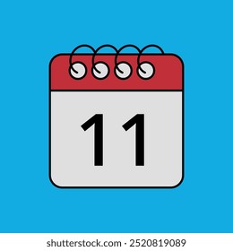 Red calendar flat icon isolated on blue background with specific day marked, day 11.