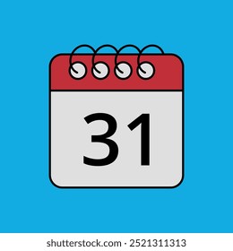 Red calendar flat icon isolated on blue background with specific day marked, day 31.