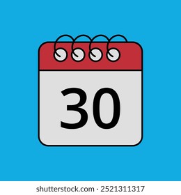 Icono plano de calendario rojo aislado sobre fondo azul con día específico marcado, día 30.