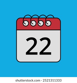 Icono plano de calendario rojo aislado sobre fondo azul con día específico marcado, día 22.