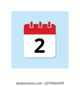 Red calendar flat icon on baby blue background. Marked important date icon, day 2.