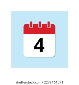 Red calendar flat icon on baby blue background. Marked important date icon, day 4.