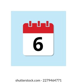 Red calendar flat icon on baby blue background. Marked important date icon, day 6.