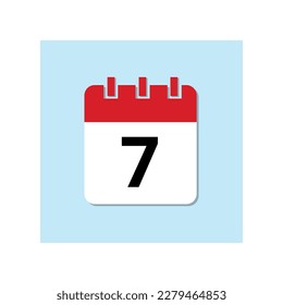 Red calendar flat icon on baby blue background. Marked important date icon, day 7.