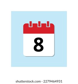 Red calendar flat icon on baby blue background. Marked important date icon, day 8.