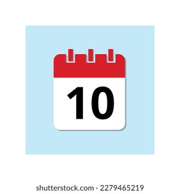 Red calendar flat icon on baby blue background. Marked important date icon, day 10.