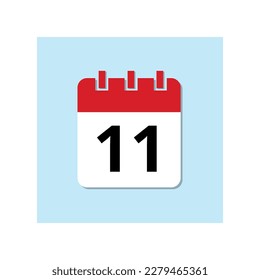 Icono plano del calendario rojo sobre fondo azul bebé. Icono de fecha importante marcado, día 11.