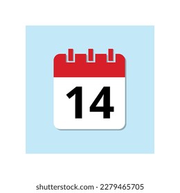 Red calendar flat icon on baby blue background. Marked important date icon, day 14.