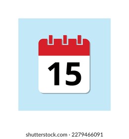 Red calendar flat icon on baby blue background. Marked important date icon, day 15.