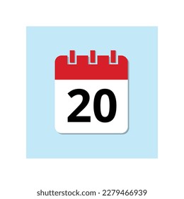 Red calendar flat icon on baby blue background. Marked important date icon, day 20.