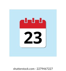Icono plano del calendario rojo sobre fondo azul bebé. Icono de fecha importante marcado, día 23.