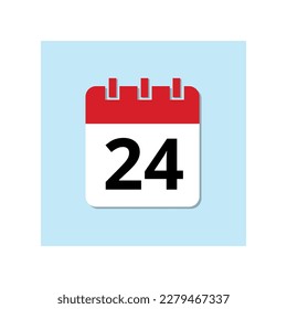 Red calendar flat icon on baby blue background. Marked important date icon, day 24.