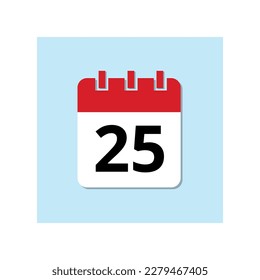 Red calendar flat icon on baby blue background. Marked important date icon, day 25.