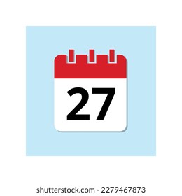 Red calendar flat icon on baby blue background. Marked important date icon, day 27.