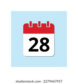 Icono plano del calendario rojo sobre fondo azul bebé. Icono de fecha importante marcado, día 28.