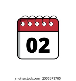 Red calendar flat icon for websites and graphic resources, calendar icon with specific day marked, day 02.