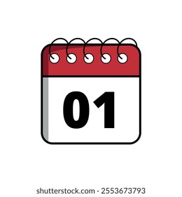 Red calendar flat icon for websites and graphic resources, calendar icon with specific day marked, day 01.