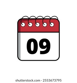 Red calendar flat icon for websites and graphic resources, calendar icon with specific day marked, day 09.