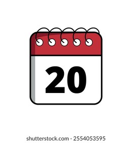 Red calendar flat icon for websites and graphic resources, calendar icon with specific day marked, day 20.