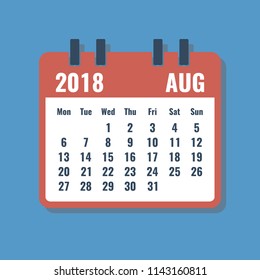 red calendar grid with august 2018, flat style vector illustration