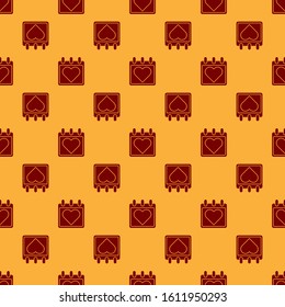Red Calendar with heart icon isolated seamless pattern on brown background. Valentines day. Love symbol. February 14.  Vector Illustration