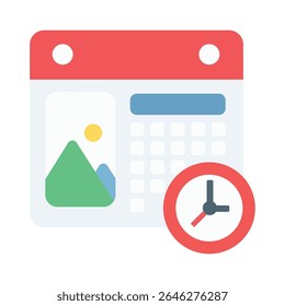 Red Calendar Icon with Clock and Landscape Image time