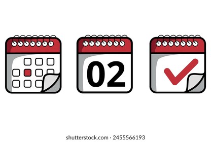 Red calendar icons with folded tip of different models. Calendar icon with specific day marked, day 02.