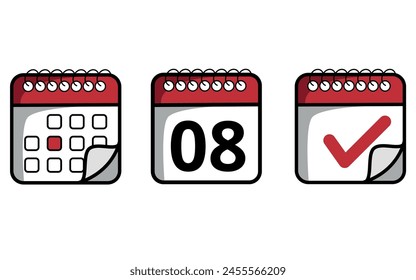 Red calendar icons with folded tip of different models. Calendar icon with specific day marked, day 08.