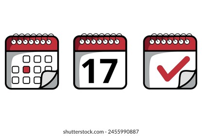 Red calendar icons with folded tip of different models. Calendar icon with specific day marked, day 17.