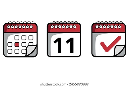 Red calendar icons with folded tip of different models. Calendar icon with specific day marked, day 11.